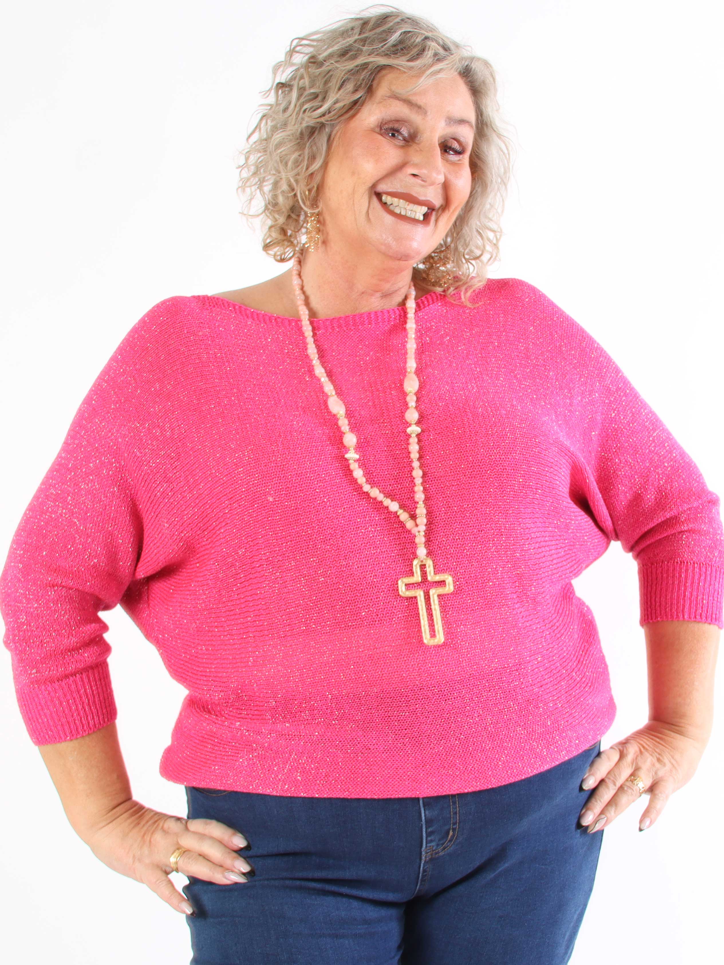 Paulina - Stickad blus i plus size med glittertrådar och rosett